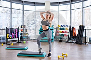 Beautiful fitness model girl posing in gym wearing sport clothes. Sporty and healthy woman lifestyle.