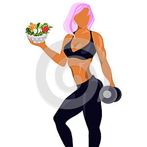 Beautiful fitness woman with dumbbells and a plate of fresh salad in her hand.Healthy lifestyle concept. vector