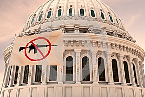 Beautiful flag of the Assault Weapons Ban, BAN GUNS waving with the strong wind and behind it the dome of the Capitol USA 3D RENDE