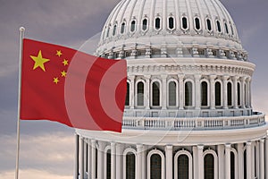 Beautiful flag of China waving with the strong wind and behind it the dome of the Capitol USA 3D RENDER, 3D RENDERING