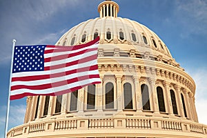 Beautiful flag of the United States of America waving with the strong wind and behind it the dome of the Capitol USA 3D RENDER, 3D