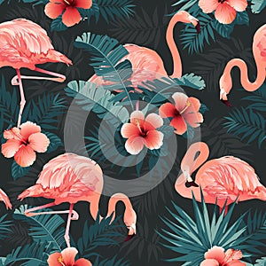 Beautiful Flamingo Bird and Tropical Flowers Background. Seamless pattern vector.