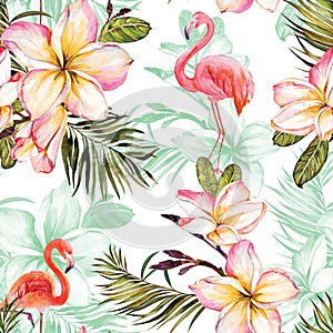 Beautiful flamingo and pink plumeria flowers on white background. Exotic tropical seamless pattern. Watecolor painting.
