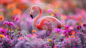 A beautiful flamingo stands gracefully among vibrant flowers, showcasing nature\'s colorful beauty in a serene garden setting photo