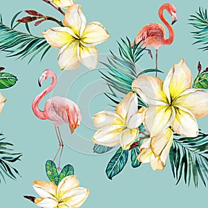 Beautiful flamingo and yellow plumeria flowers on blue background. Exotic tropical seamless pattern. Watecolor painting.