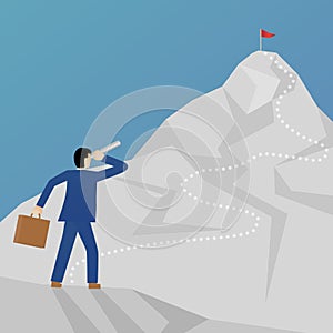Beautiful flat design business vector metaphor of a businessman climbing a mountain and looking at a peak with a binocular