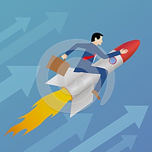 Beautiful flat design business vector metaphor of a businessman sitting on a rocket and heading upwards