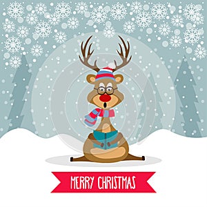 Beautiful flat design Christmas card with reindeer singing carol