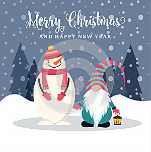 Beautiful flat design Christmas card with snowman and gnome