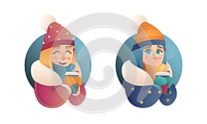 Beautiful flat vector girl in winter clothes in flat cartoon style holds thermal mug with hot drink. Christmas banner elements.