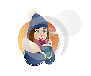 Beautiful flat vector girl in winter clothes in flat cartoon style holds thermal mug with hot drink. Christmas banner elements.