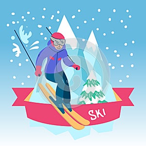 Beautiful flat vector illustration winter sport activites. Skiing.