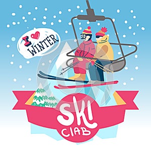 Beautiful flat vector illustration winter sport activites. Skiing.