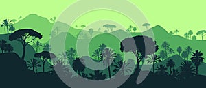 Beautiful flat vector landscape of a layered rainforest jungle in green colors