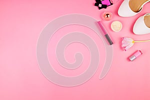 Beautiful flatlay with white flats, pink tulip, cosmetics and other accessories