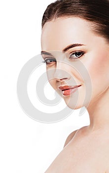 Beautiful flirt woman face close up portrait studio on white