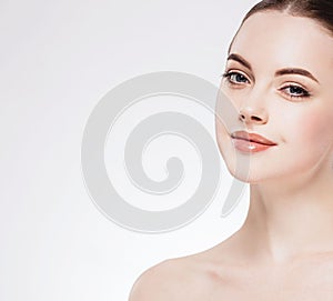 Beautiful flirt woman face close up portrait studio on white