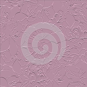 Beautiful floral 3d seamless pattern. Rose color gentle embossed background. Relief emboss lily, orchid flowers. Vector repeat