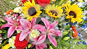 Beautiful Floral Bouquet, Sunflowers, Lillies, Gladiolus, Roses