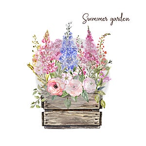 Beautiful floral arrangement in a wooden box planter, watercolor botanical illustration, isolated