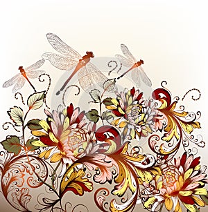 Floral hand drawn background with ornament in retro style