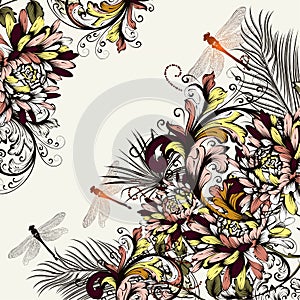 Beautiful floral background with colorful ornament and dragonfly