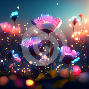 Beautiful floral background with flowers and magic lights. Vector illustration. generative AI