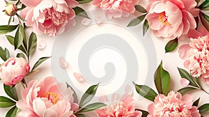 Beautiful floral background frame with pink peonies with green leaves on white background. Banner template for beauty spa wellness