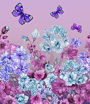 Beautiful floral background with pelargonium flowers and butterflies in bright, vivid colors. Seamless botanical pattern, border.