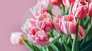Beautiful floral background with pink tulips on pastel background. Banner template for women\'s mother\'s day
