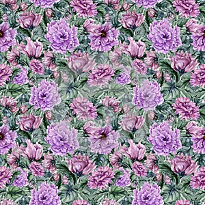 Beautiful floral background with purple viola flowers and leaves. Seamless botanical pattern. Watercolor painting. Hand painted