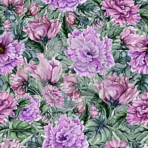 Beautiful floral background with purple viola flowers and leaves. Seamless botanical pattern. Watercolor painting. Hand painted