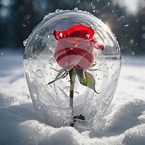 Beautiful floral background. Red rose flower in snow