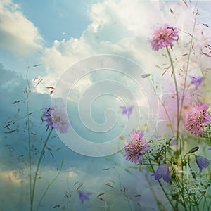 Beautiful floral border beautiful blurred clouds sky background. Environment Nature concept