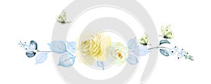 Beautiful floral border of yellow roses, snowberry branches and blue leaves and yellow lemongrass butterflies isolated on white