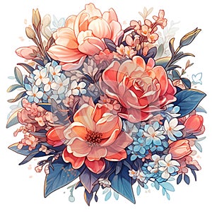 Beautiful floral bouquet with roses, hydrangea and tulips. illustration.