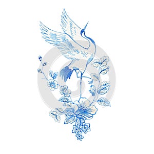 Beautiful floral composition with hand drawn watercolor wild blue and white herbs and flowers and crane birds. Stock