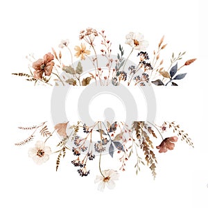 Beautiful floral composition with watercolor hand drawn gentle autumn fall flowers. Stock floral illustration. Nature