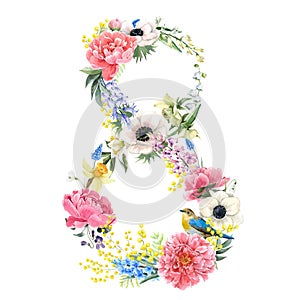 Beautiful floral composition with watercolor hand drawn gentle spring flowers for international women day. Stock