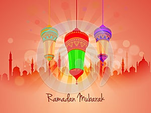 Beautiful floral design decorated traditional hanging lanterns on mosque silhouetted shiny rays background for Islamic holy month