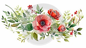 simple beautiful floral design with red green flower garden watercolor arrangement on white background