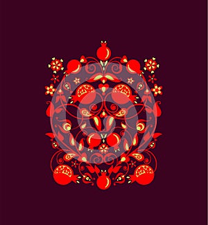 Beautiful floral ethnic red decorative ornament with abstract pomegranate tree, fruit and flowers for greeting card, wedding invit photo