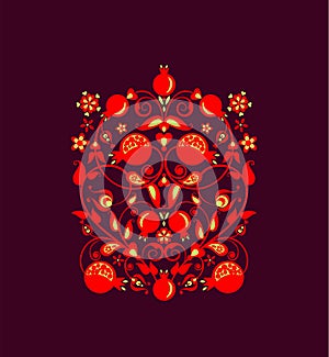 Beautiful floral ethnic red decorative ornament with abstract pomegranate tree, fruit and flowers for greeting card, wedding invit