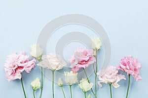 Beautiful floral frame of pastel flowers on blue background top view. Flat lay style.