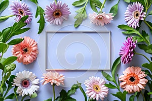 Beautiful Floral Frame with Pink and Orange Gerbera Flowers and Green Leaves, Perfect for Spring and Summer themed Designs and