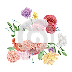 Beautiful floral frame with watercolor bright wildflower, red rose. Flower border with branches and leaves composition.