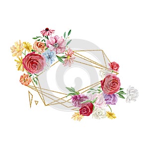 Beautiful floral frame with watercolor pink and blue anemone, red rose. Greenery branches and leaves composition. Wild flower