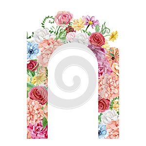 Beautiful floral frame with watercolor red rose, pink peony. Greenery branches and leaves composition. Wild flower botanical