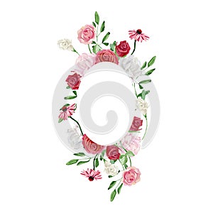 Beautiful floral frame with watercolor red and white rose, white and pink peonies. Botanical illustration