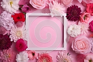 Beautiful floral frame with white border on pink background, AI generated